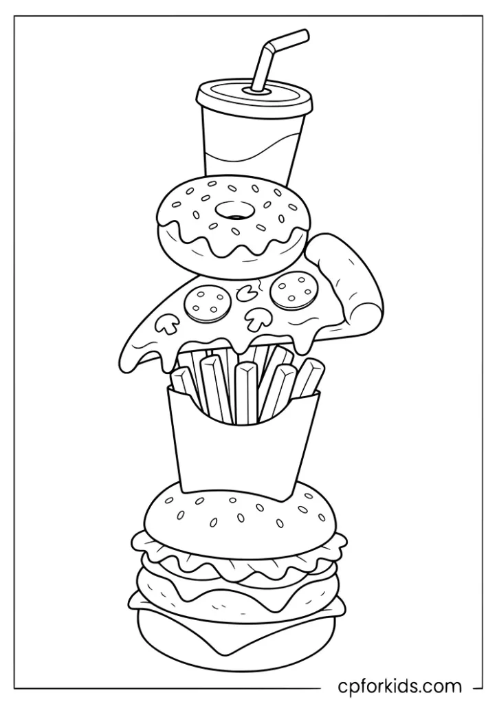 Junk food coloring page with a tall stack of burger, fries, pizza, and soda