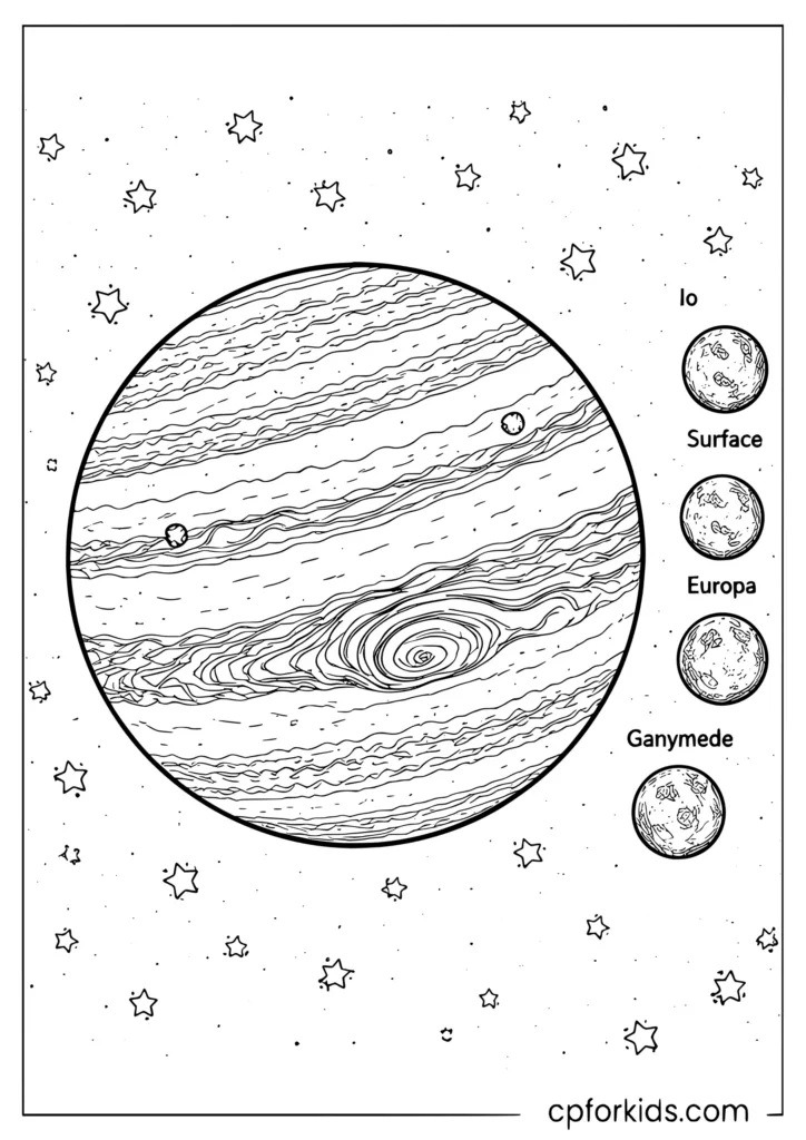 Jupiter coloring page with large Jupiter showing bold band stripes and Great Red Spot