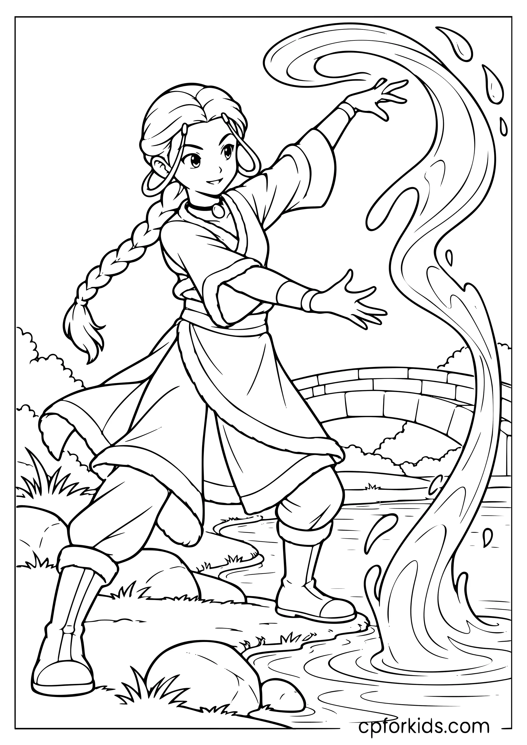 Katara lifting a curved ribbon of water beside a pond
