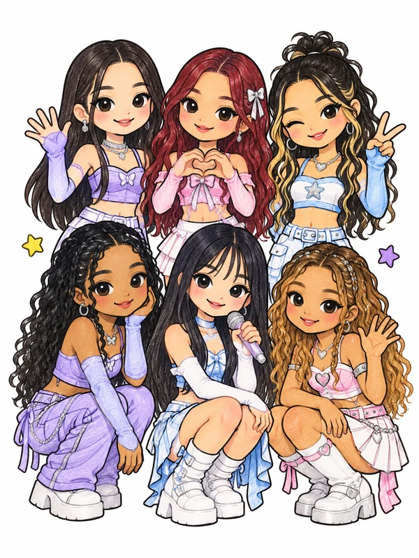 Six chibi KATSEYE members posing together in pastel outfits