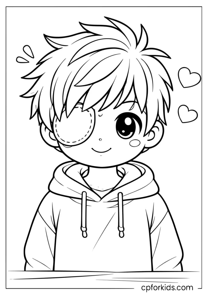 Kawaii anime boy with one eye mask coloring sheet