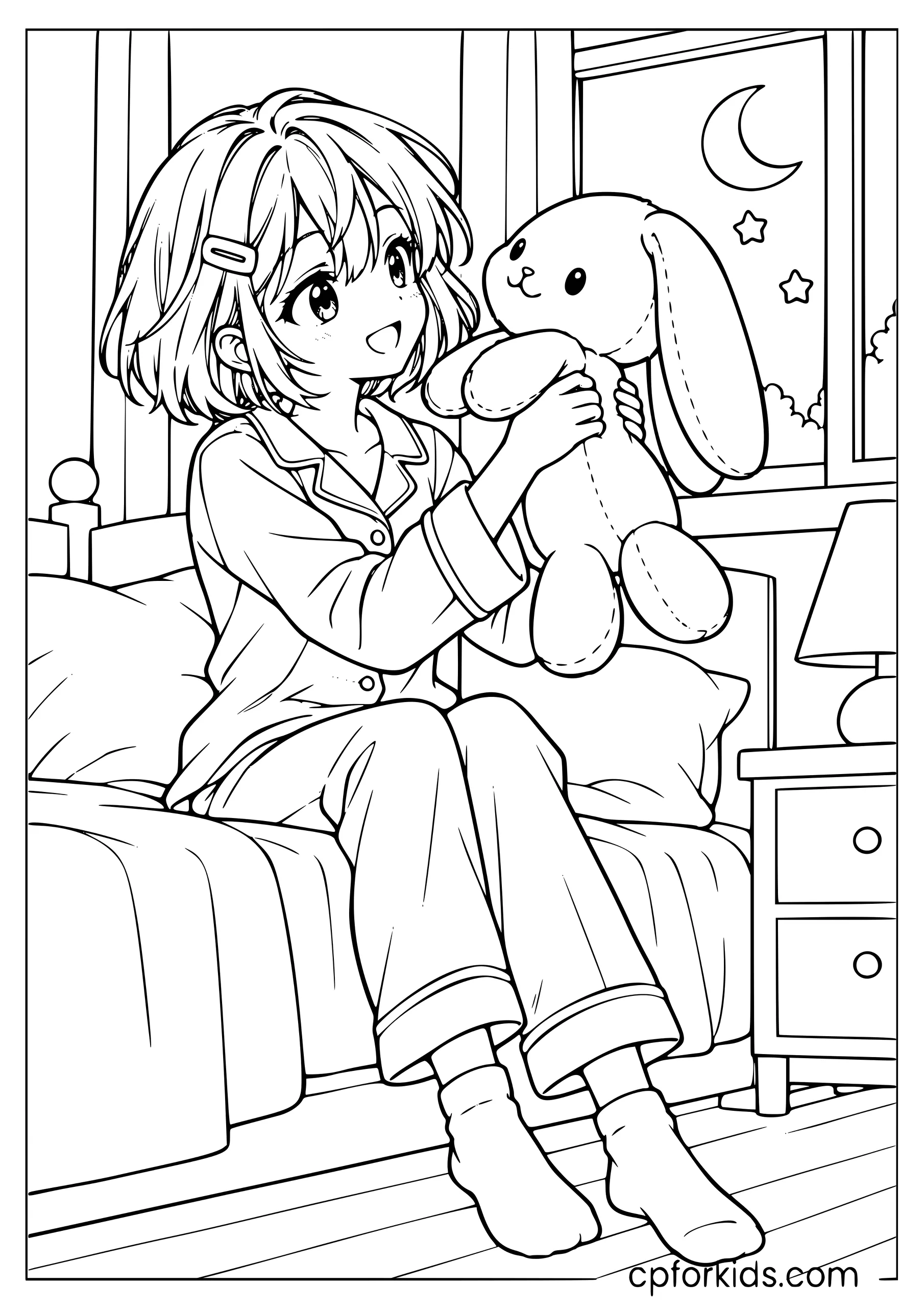 Big-eyed anime girl lifting a plush bunny beside her bed