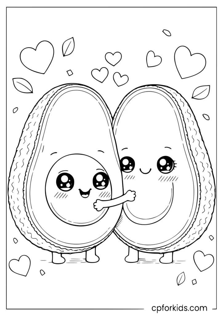 Kawaii avocado halves hugging each other with big eyes and blush coloring sheet