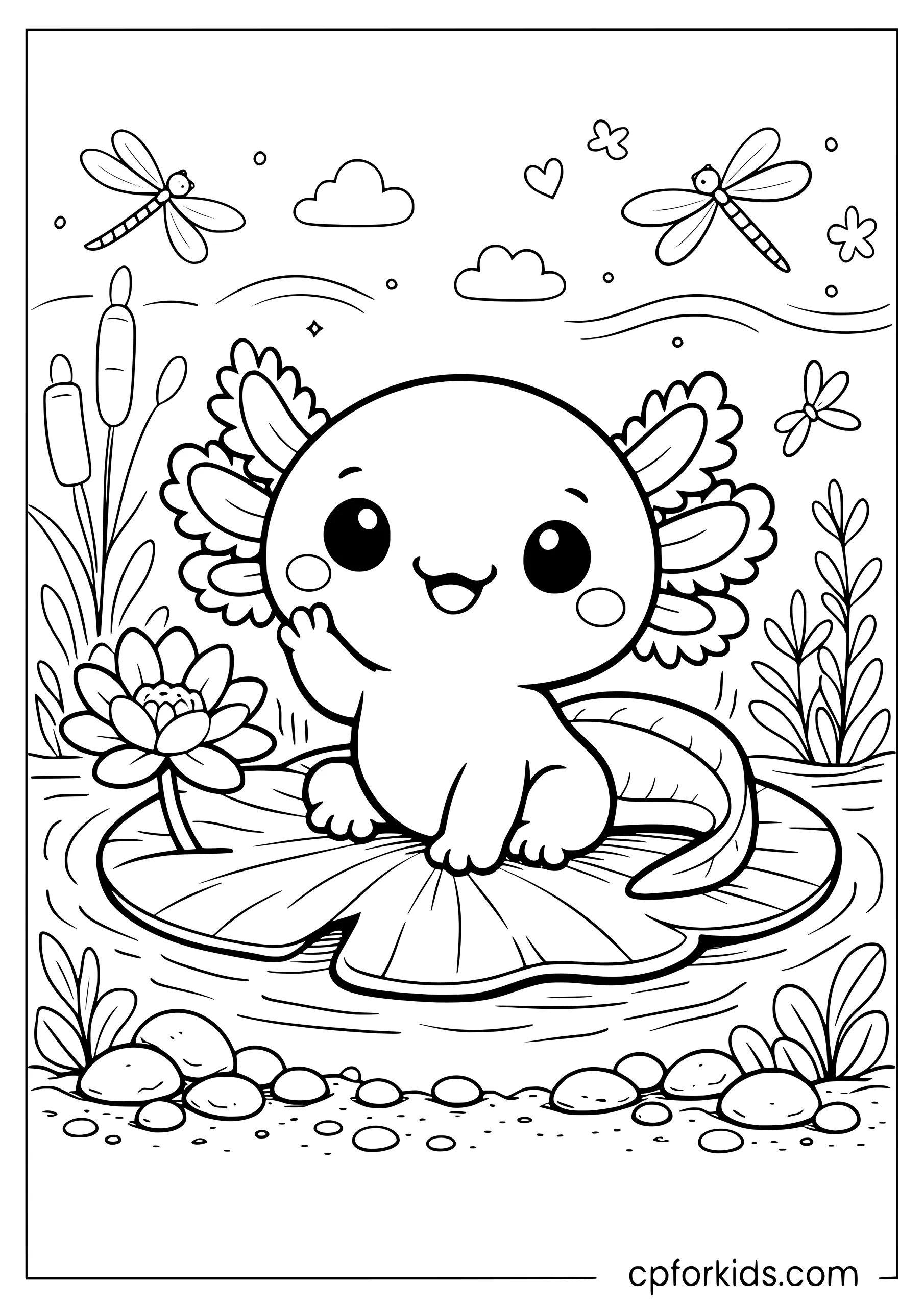 Kawaii Axolotl Sitting on a Lily Pad