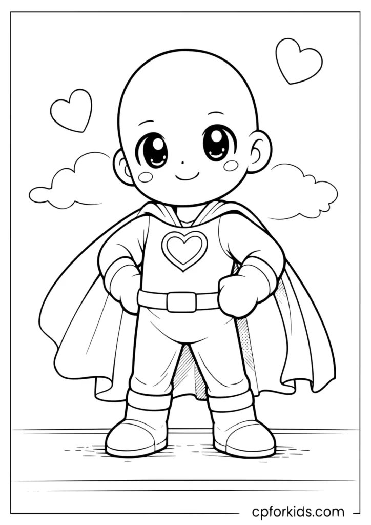Kawaii bald superhero with cape coloring page for kids