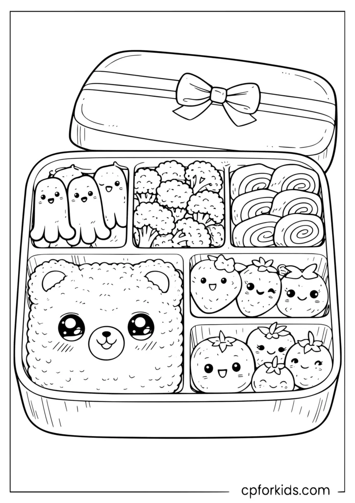 Kawaii bento box seen from above with cute food compartments coloring page