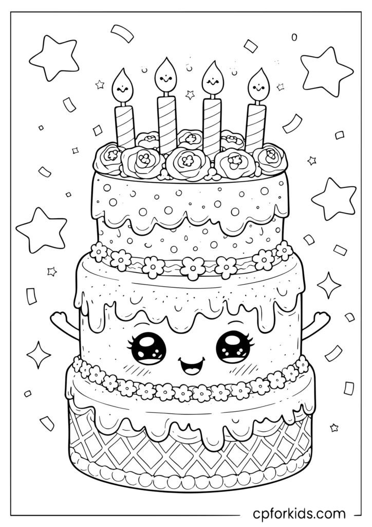 Kawaii three layer birthday cake with dripping frosting and lit candles coloring page