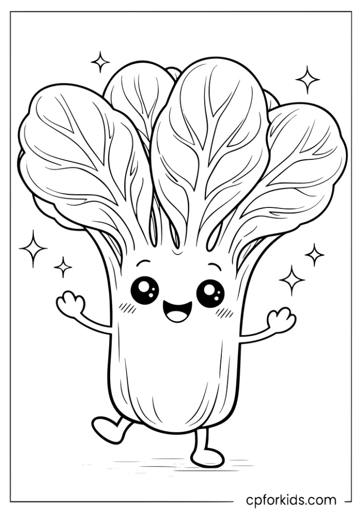 Kawaii bok choy vegetable with sparkles coloring page for kids