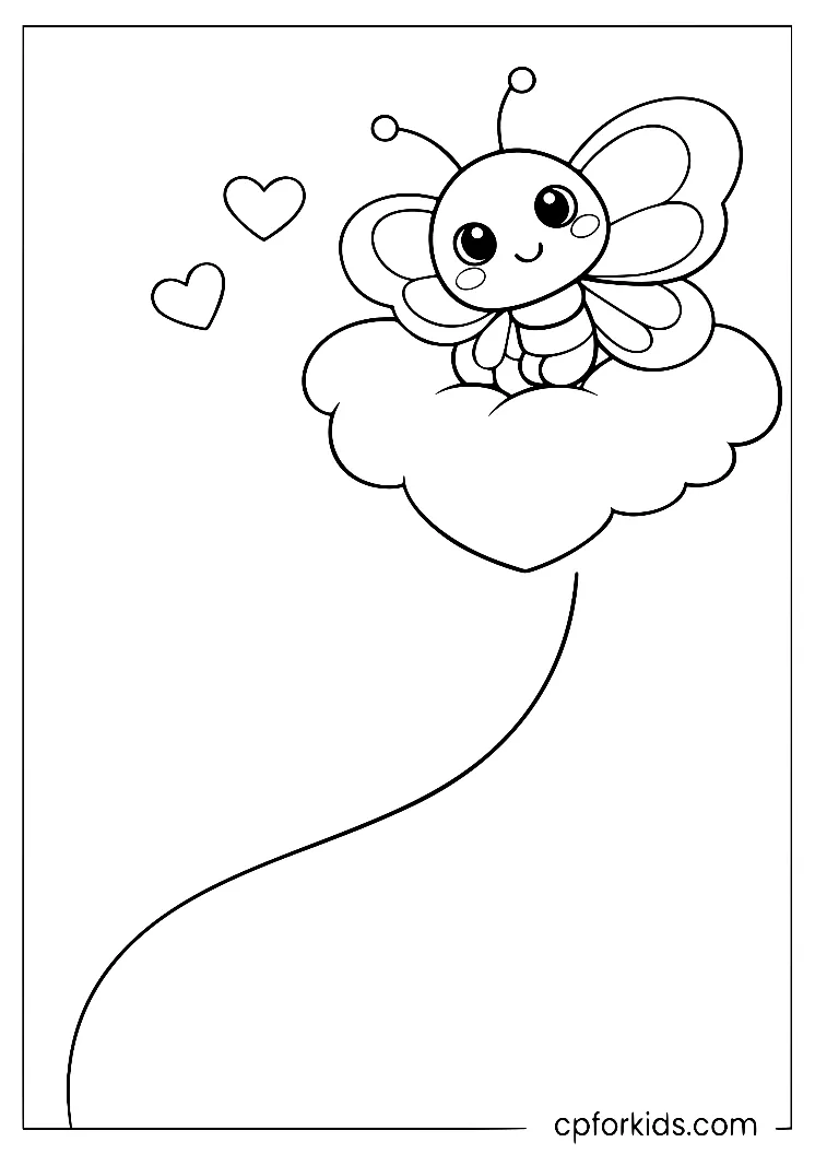 Smiling butterfly on a cloud beside two hearts