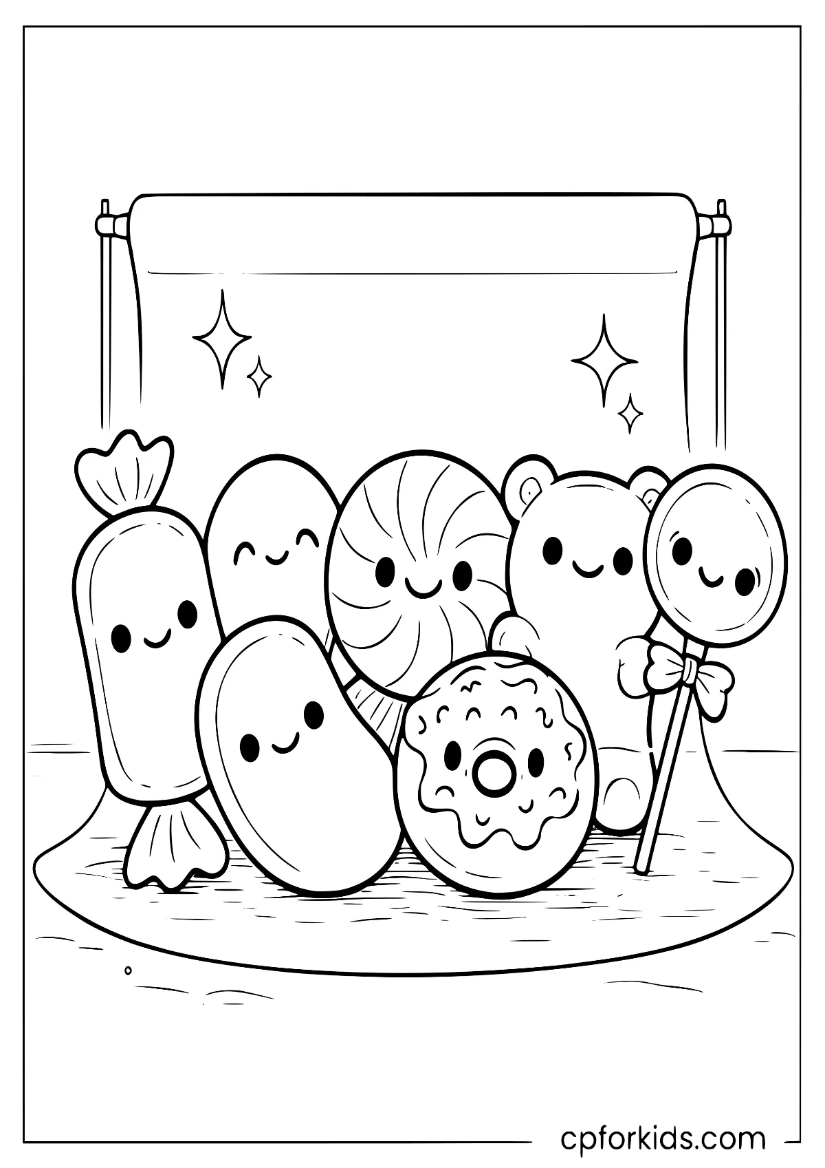 Group of happy kawaii candy characters posing together for a photo