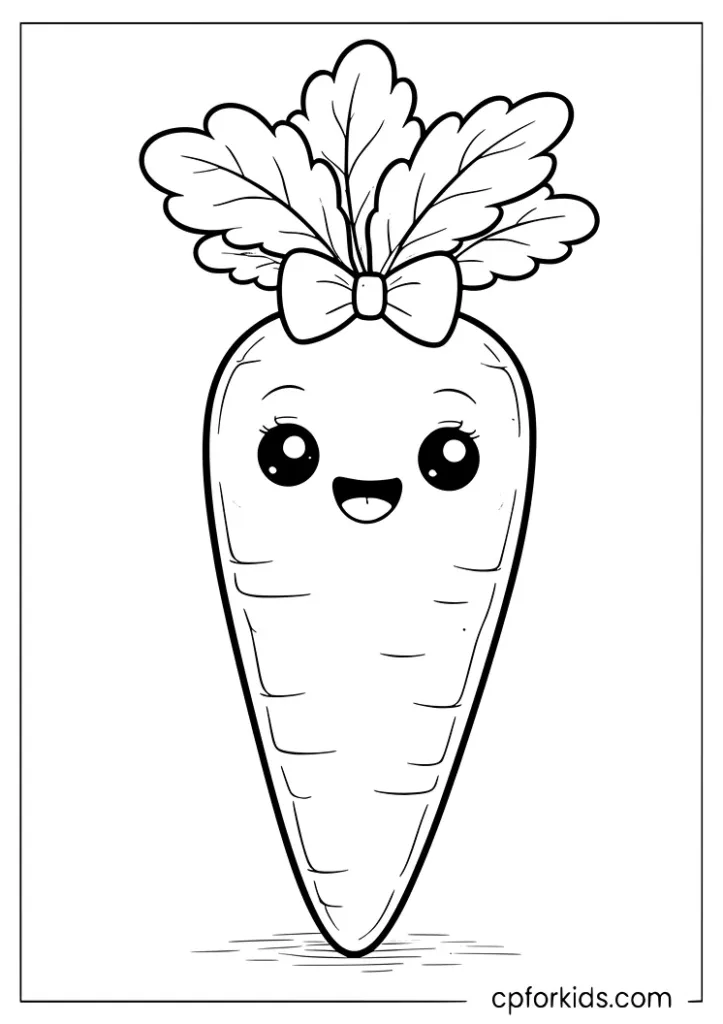 Kawaii carrot wearing a tiny bow in a garden vegetable coloring page