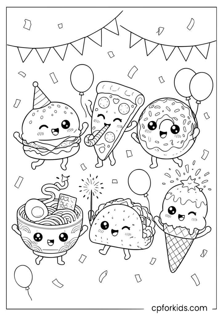 Kawaii cartoon food characters celebrating at a party with confetti and banner coloring page for kids