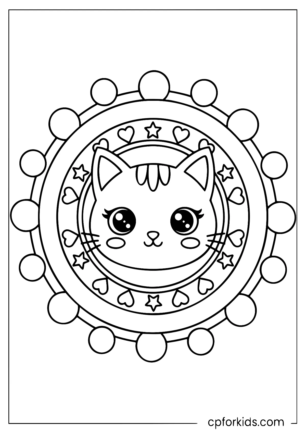 Round-eyed cat face surrounded by broad mandala patterns