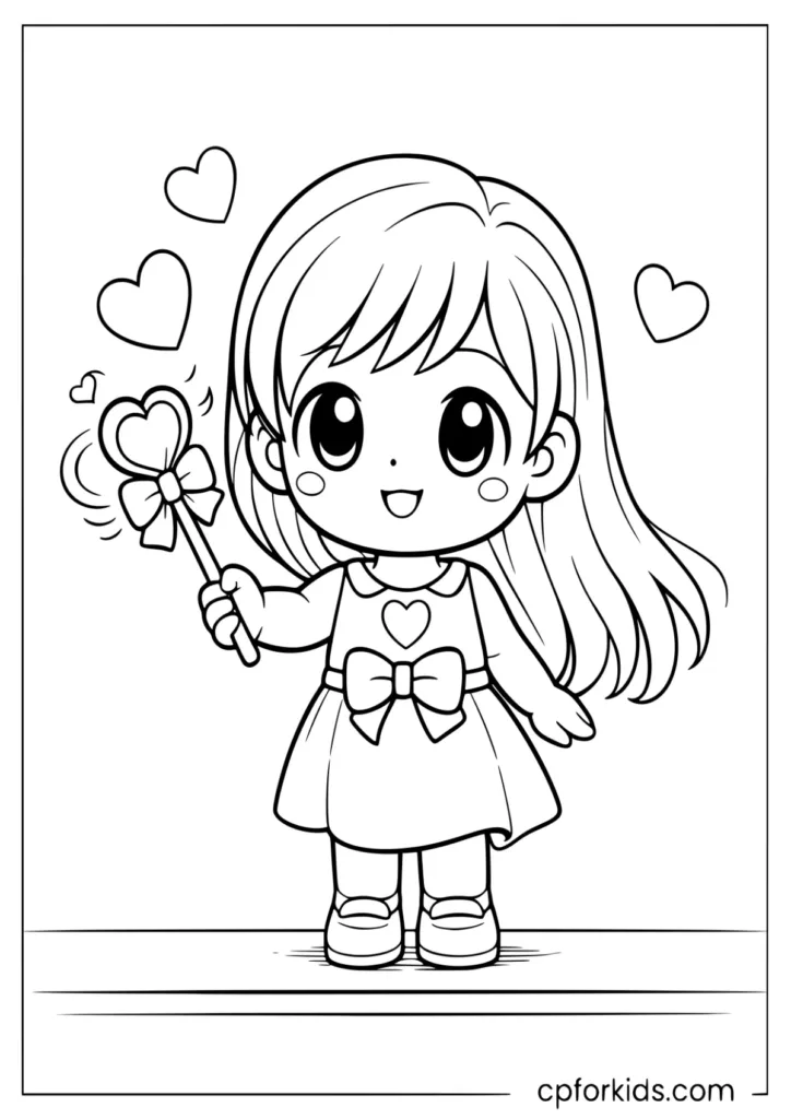 Kawaii chibi girl with a star wand coloring page for kids