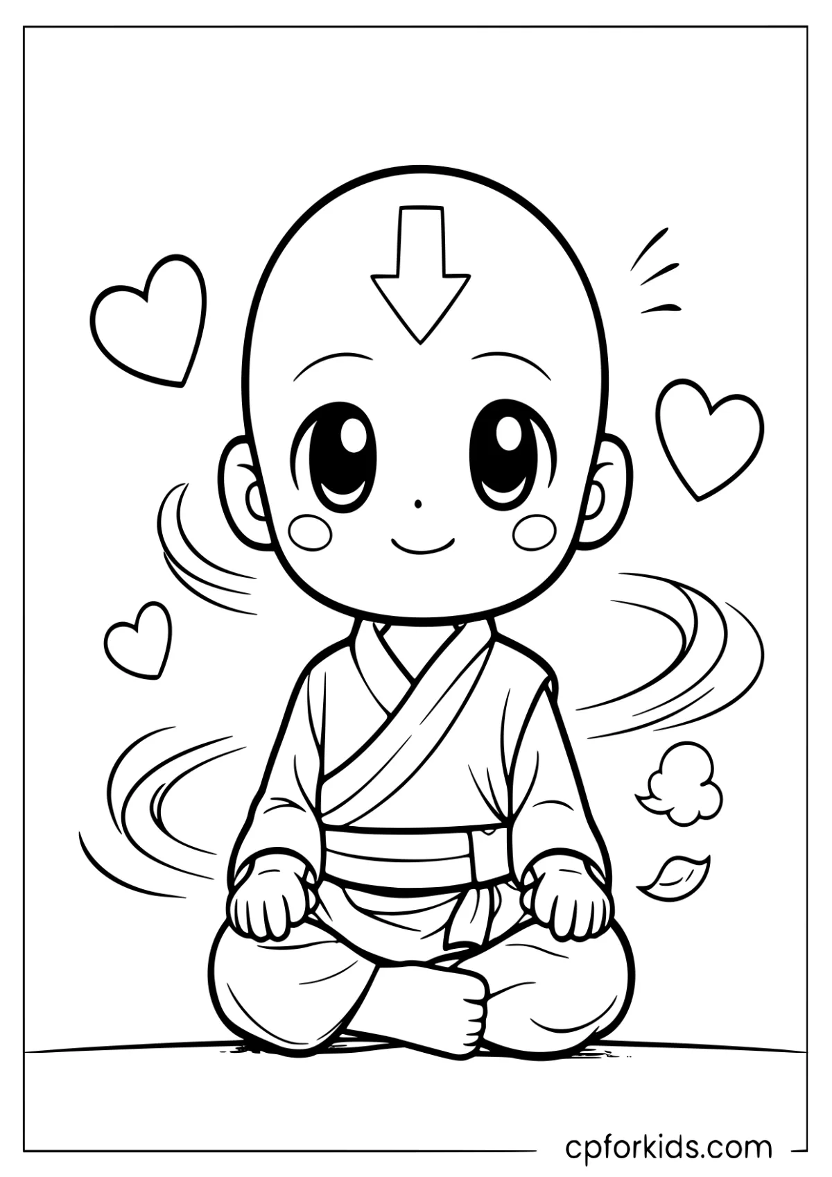 Seated chibi monk with an arrow on his forehead