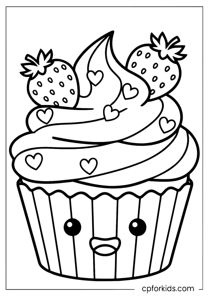 Kawaii cupcake coloring page with happy face and strawberry toppings
