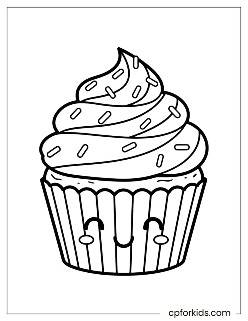 Kawaii sweet coloring page featuring a cute cupcake with a happy face and bold, easy-to-color outlines.
