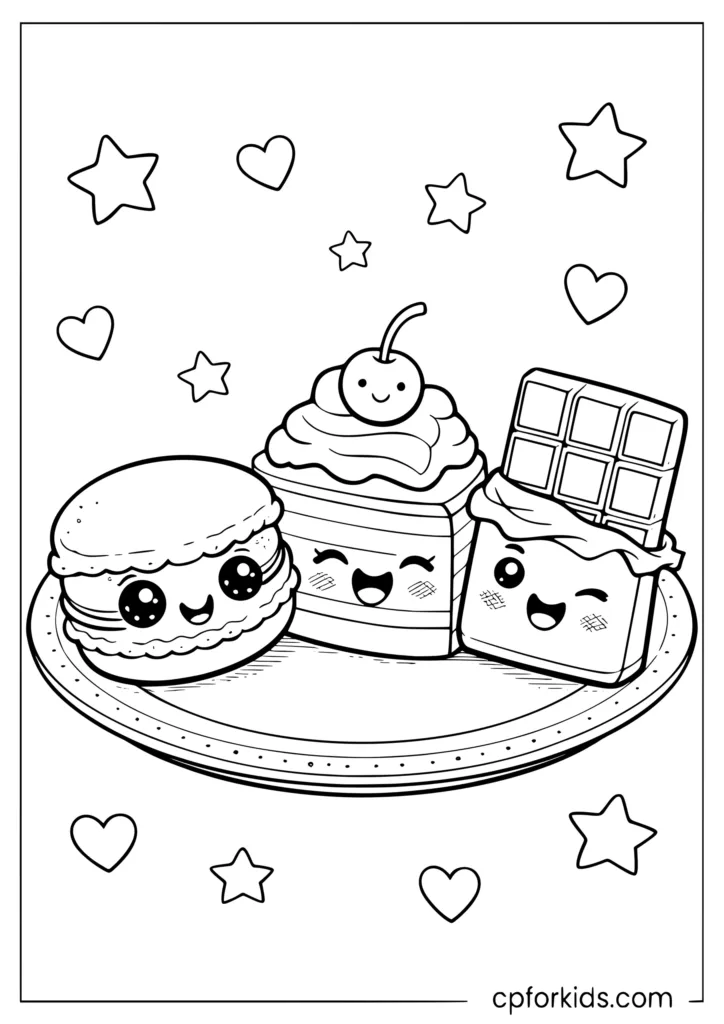 Kawaii dessert plate with macaron slice of cake and chocolate bar coloring sheet for kids