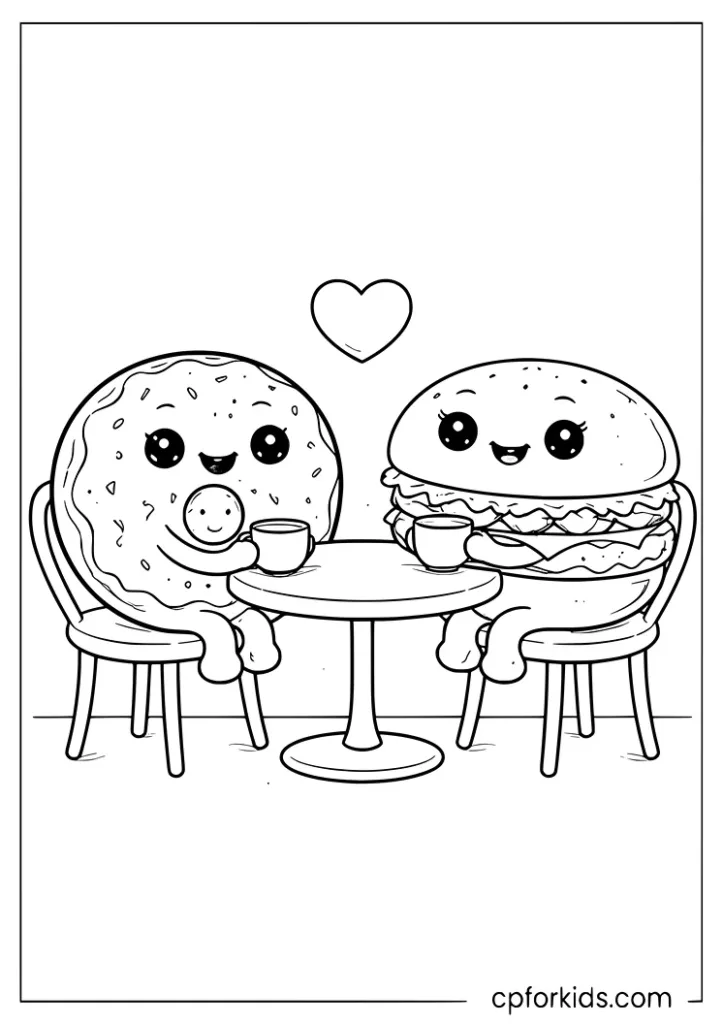 Kawaii donut and burger on a date cute fast food coloring page for kids