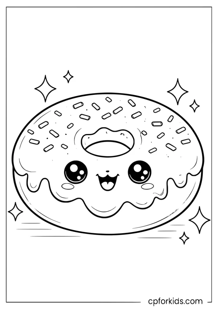 Kawaii donut fast food coloring page with a cute smiling donut character