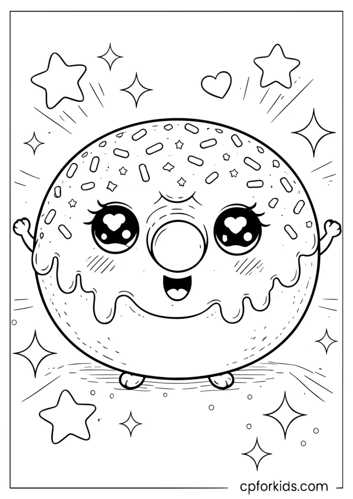 Kawaii donut with dripping icing and sprinkles cheering with arms raised coloring page