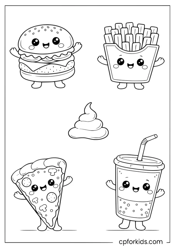 Kawaii fast food friends coloring page with cute burger pizza fries and drink characters