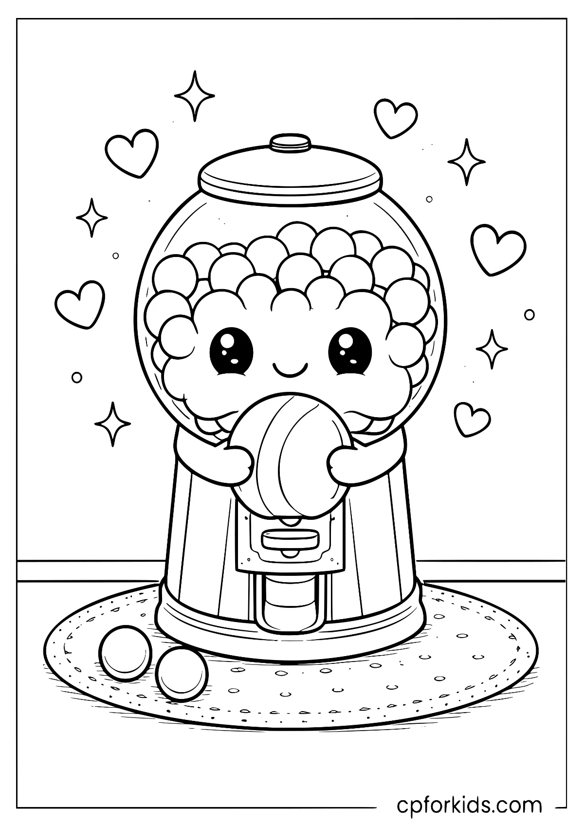 Kawaii gumball machine with cute face and hearts