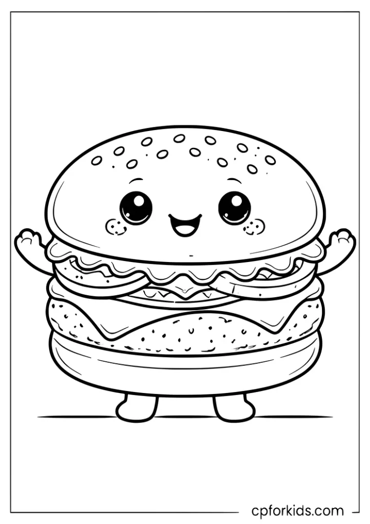 Kawaii hamburger fast food coloring page with a cute smiling burger character