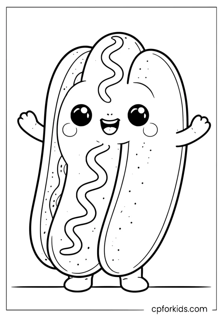Kawaii hot dog fast food coloring page with a cute smiling character
