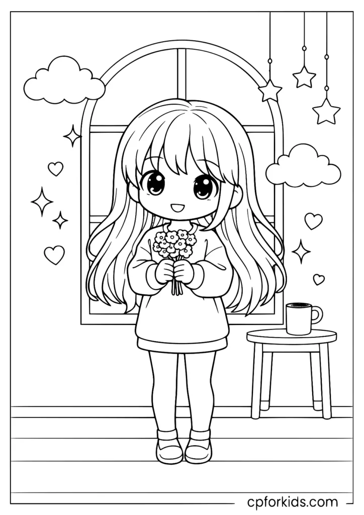 Kawaii long hair anime girl with hearts and sparkles line art