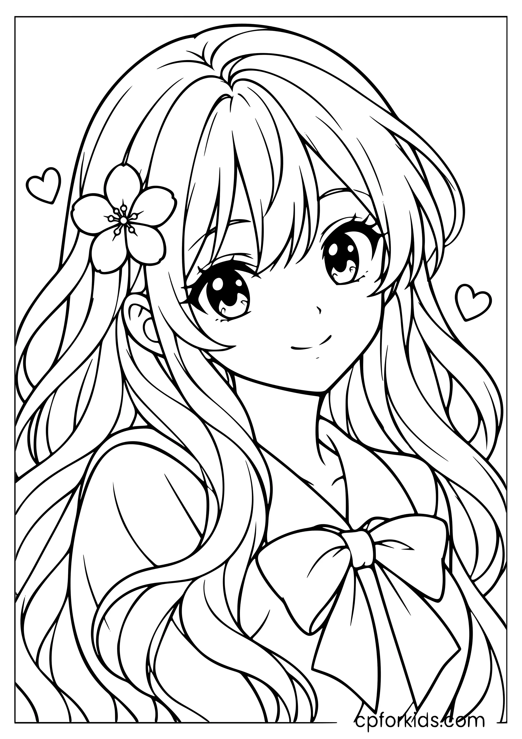 Long-haired anime girl wearing a flower clip and ribbon
