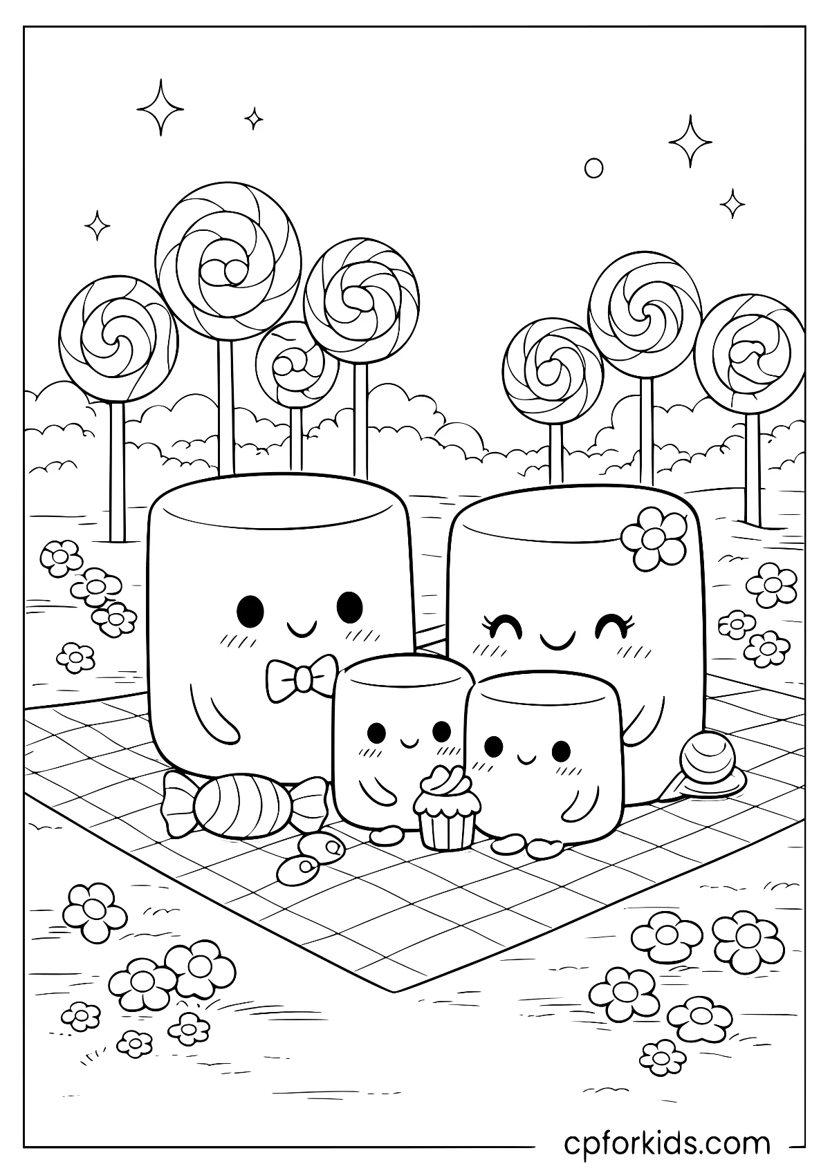 Marshmallow family having a picnic in a candyland scene
