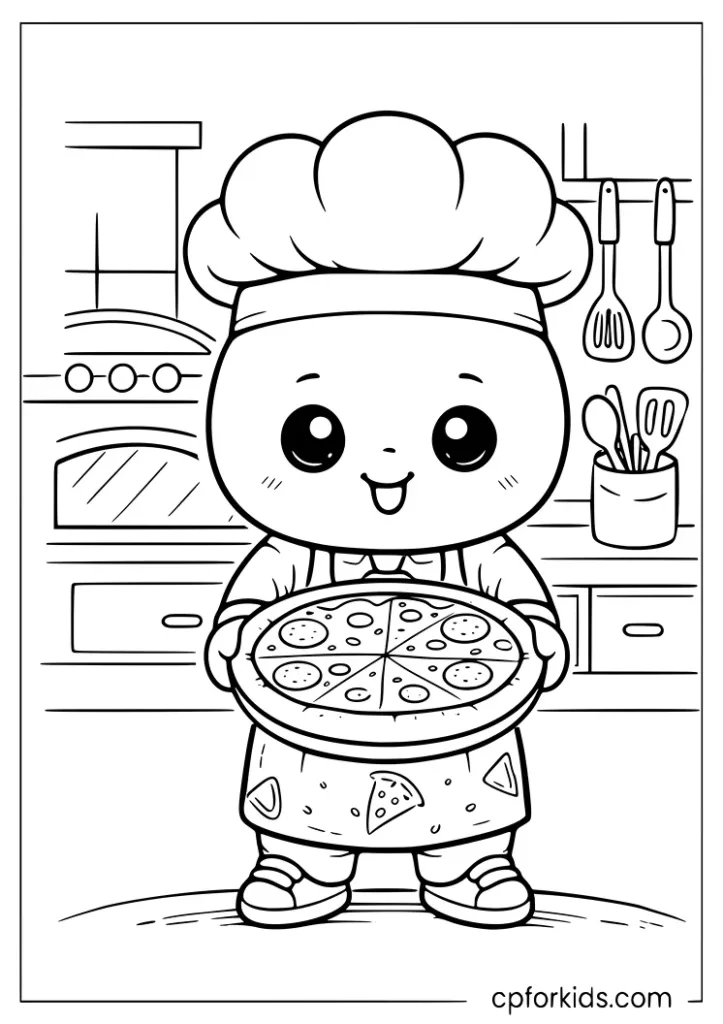 Kawaii pizza chef character proudly holding a freshly made whole pizza coloring page
