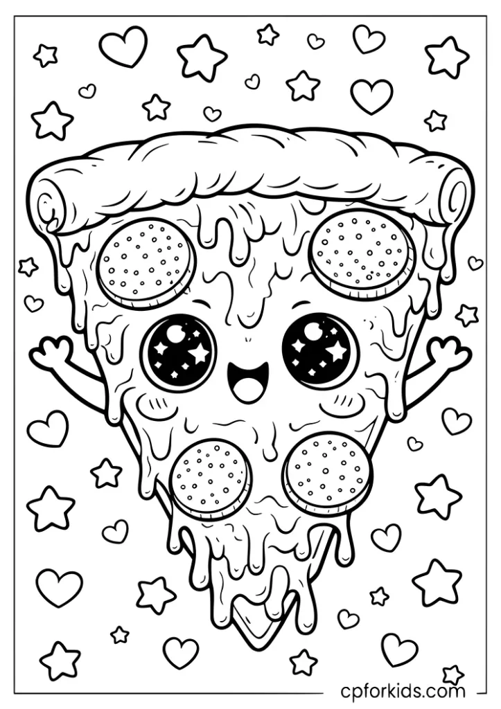 Kawaii pizza slice with big sparkling eyes and happy smile coloring page for kids
