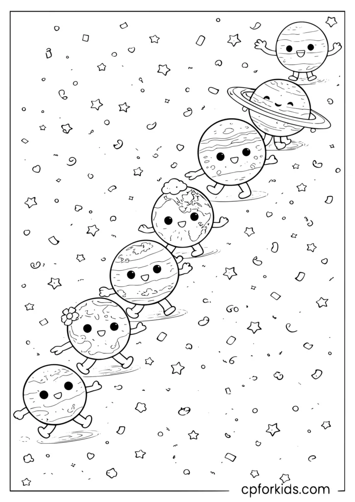 Kawaii planet parade coloring page with all planets marching in a fun line with tiny legs
