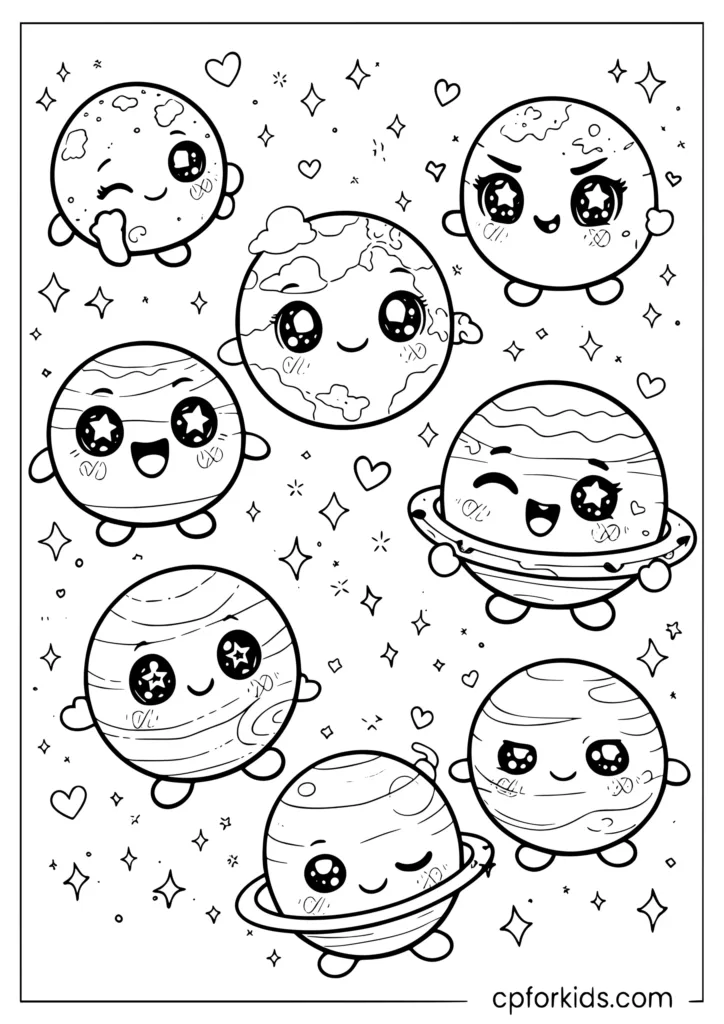 Kawaii planets coloring page with sparkling eyes blushing cheeks and cute expressions