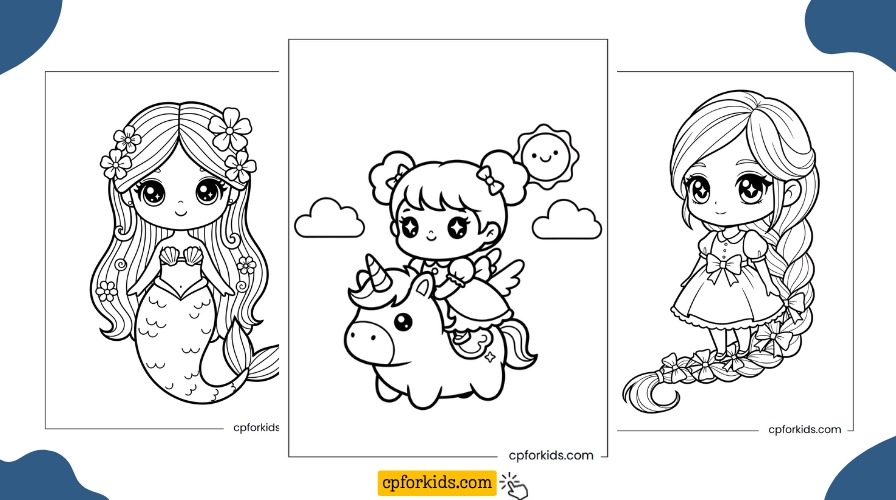 Three kawaii princess coloring pages showing a mermaid princess, a chibi princess riding a unicorn, and a princess with a long braid