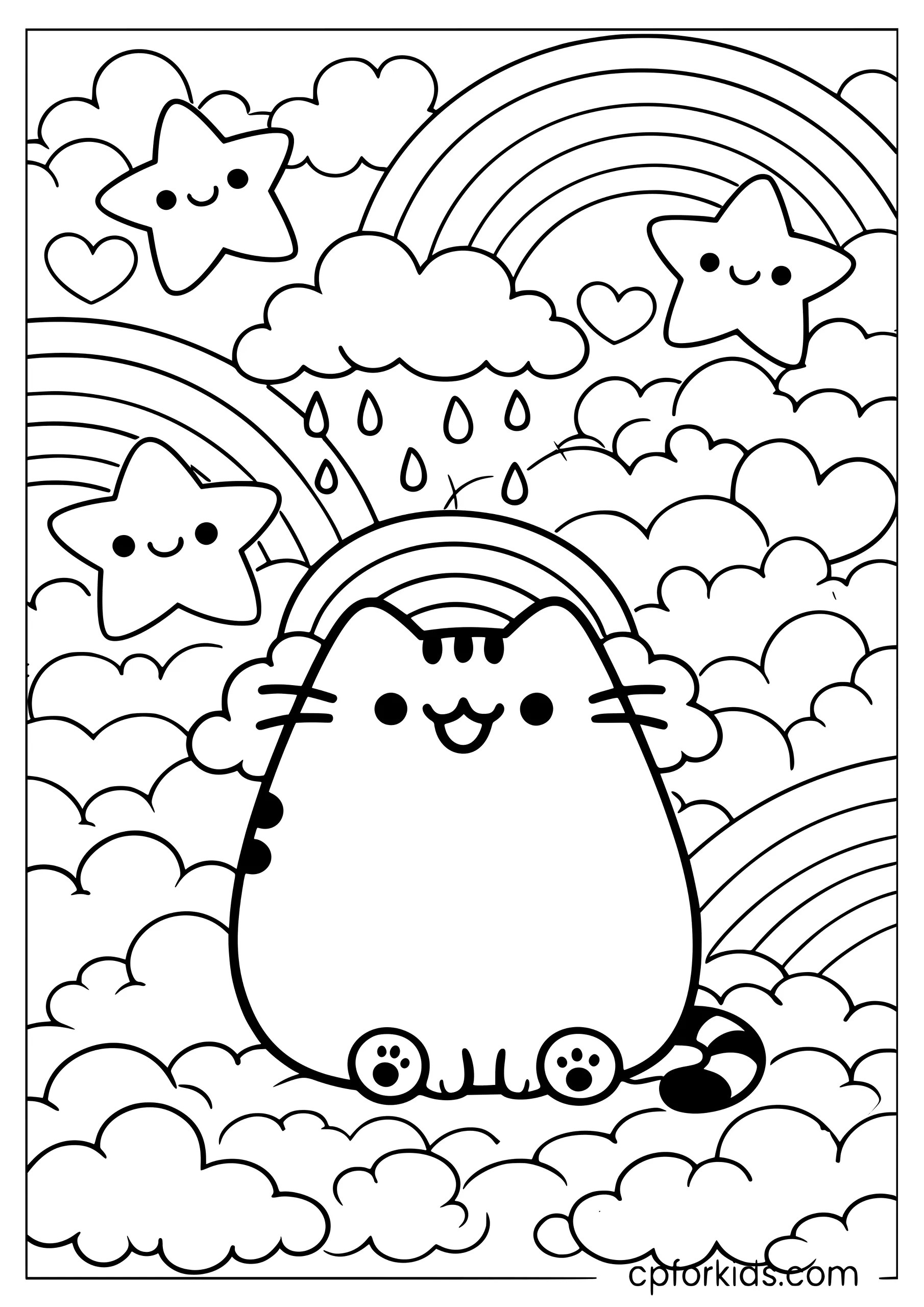 Kawaii Pusheen Under a Rainbow Cloud