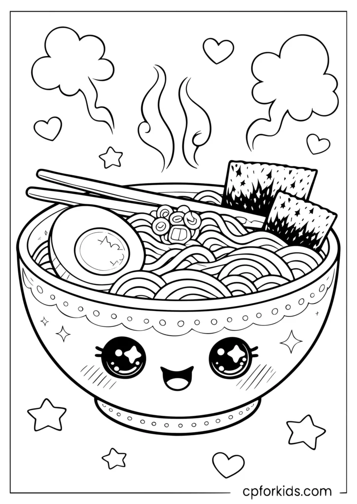 Kawaii ramen bowl steaming with noodles and soft boiled egg coloring page