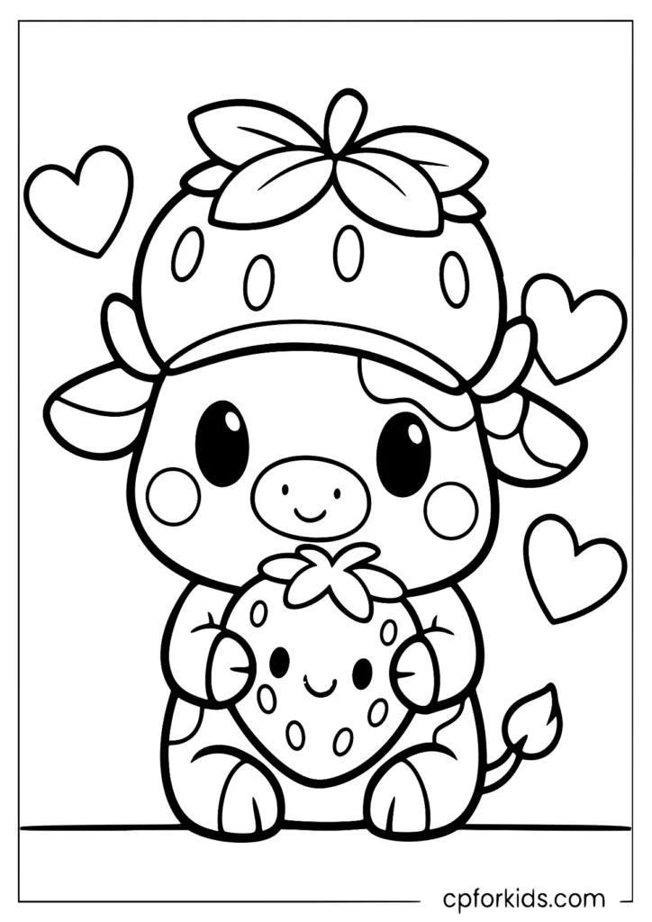 Kawaii strawberry cow coloring page with big simple shapes and thick outlines for kids