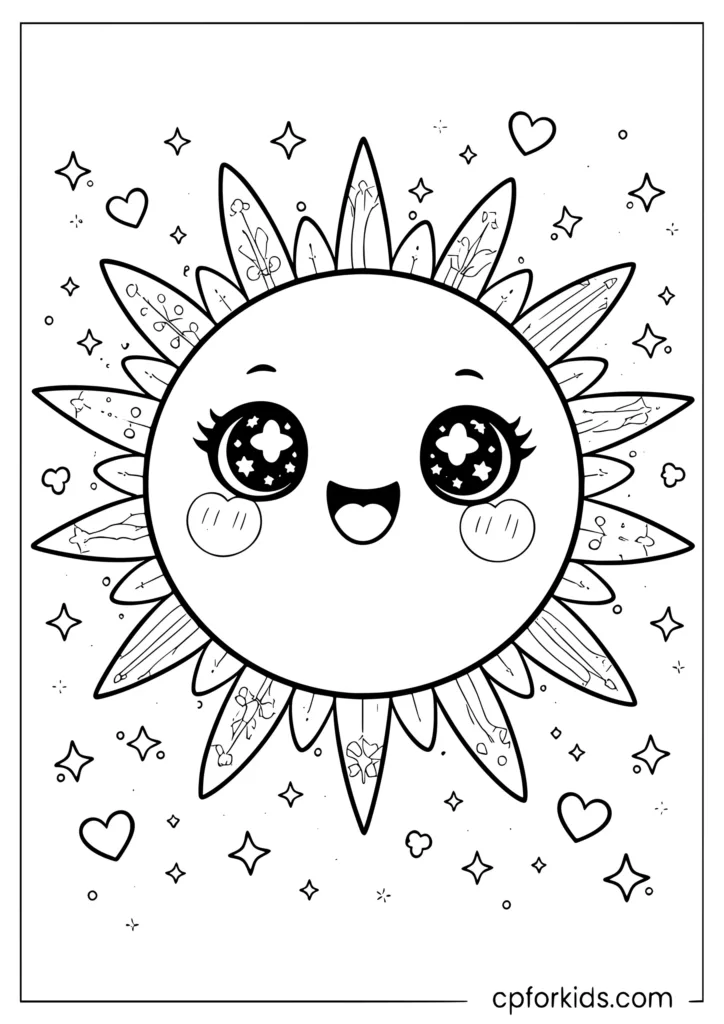 Kawaii sun coloring page with giant sparkling eyes rosy cheeks and decorative rays