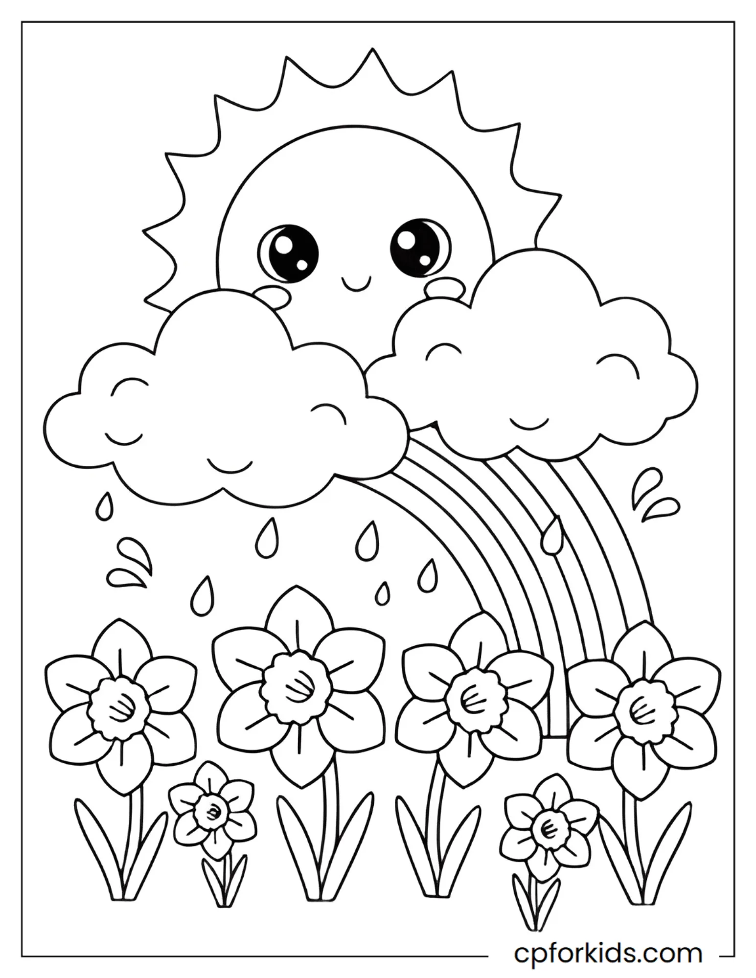 Kawaii sun and rainbow shining over a field of April daffodils