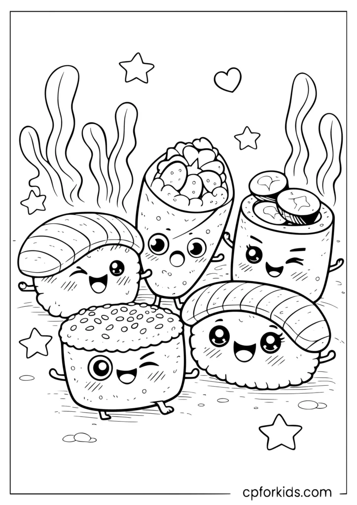 Kawaii sushi squad with nigiri maki and temaki all posing together coloring sheet