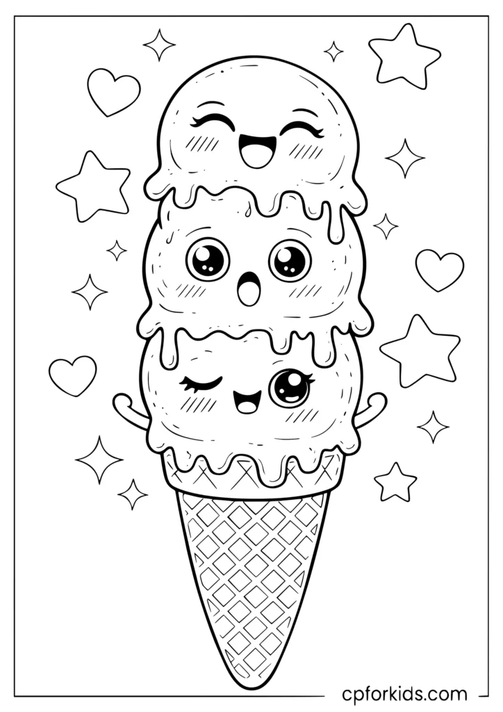 Kawaii triple scoop ice cream cone with three different facial expressions coloring sheet