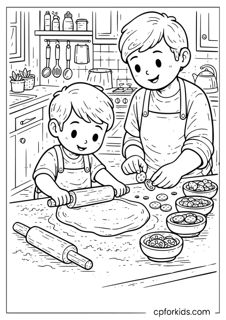 Young child making pizza with parent in kitchen coloring page for kids