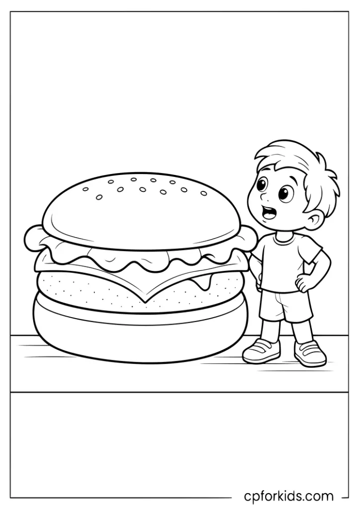 Kid standing next to a giant burger coloring page
