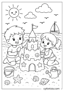 Kids building a large sandcastle by the sea