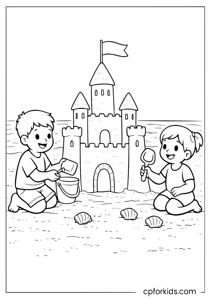 Kids building a sandcastle beach coloring page