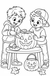 Two kids carving a jack-o’-lantern together