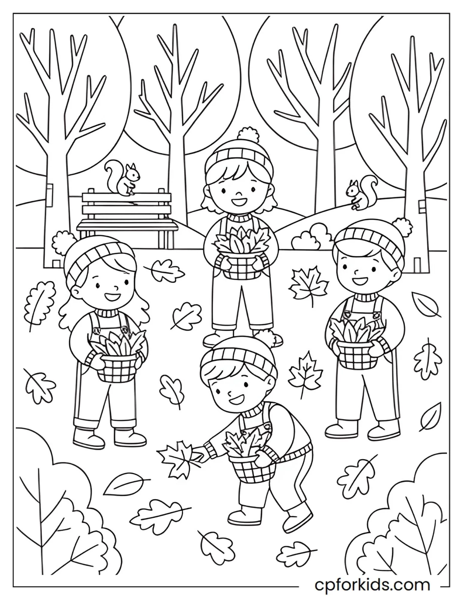 Children gathering colorful leaves together in a park